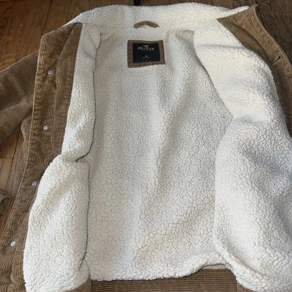 Hollister Button-Up Sherpa Lined Corduroy Trucker Jacket Beige Mens M 70s 90s